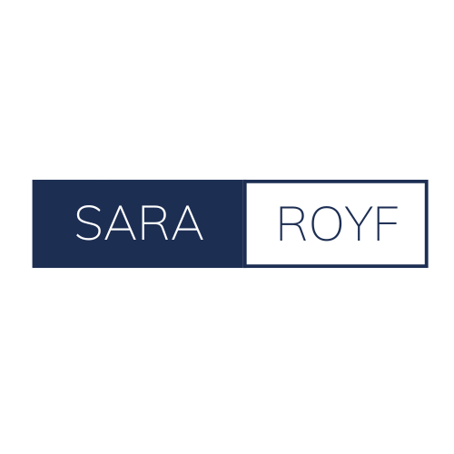 Sara Royf's logo in blue and white